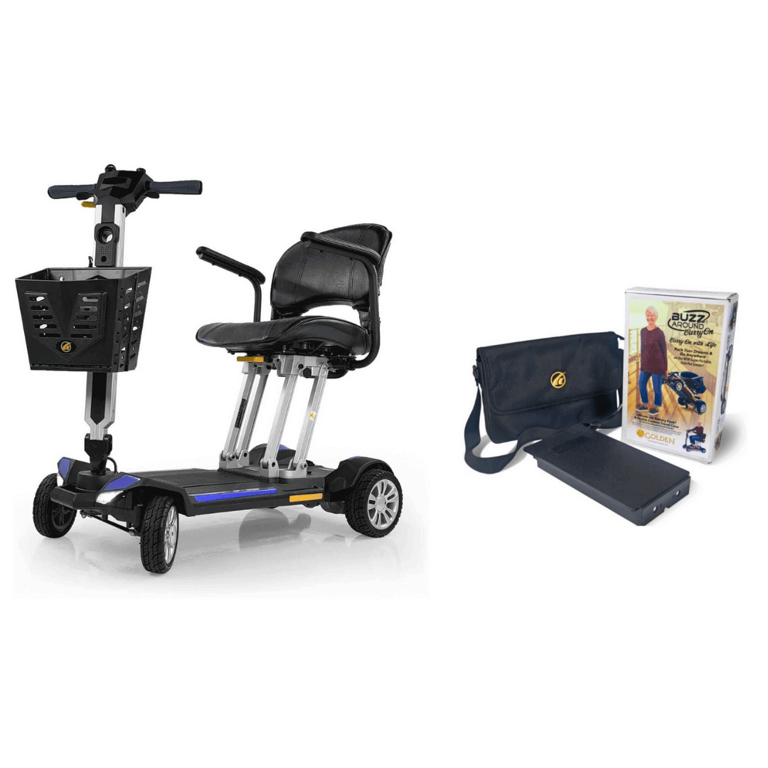 Golden Tech Buzzaround Carry-On Folding Travel Scooter with Travel Battery blue variant
