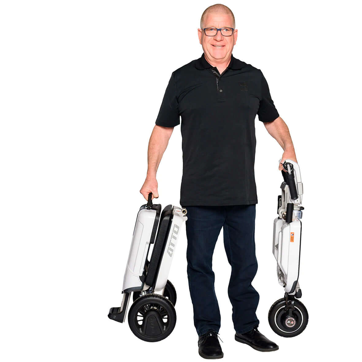 Moving Life ATTO Full-Size Folding Travel Scooter with Lithium Battery folded and being carried