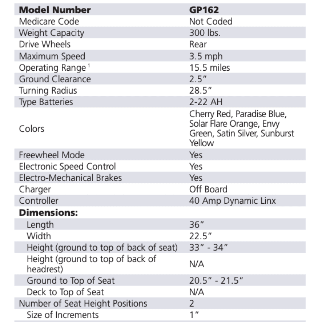 Power Chair Standard - Golden Tech Envy specifications