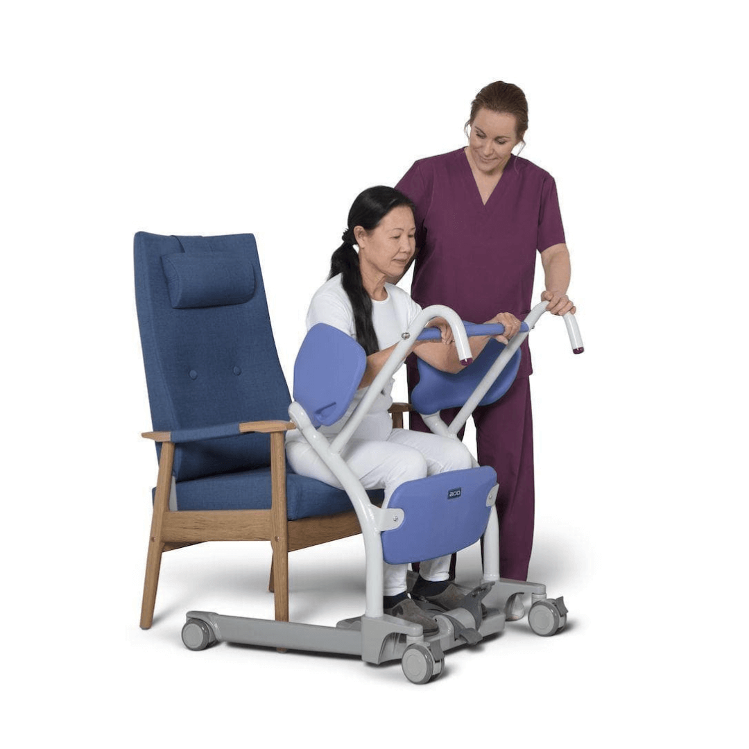 Sara Stedy Stand-Assist Manual Patient Standing Aid with patient and caregiver